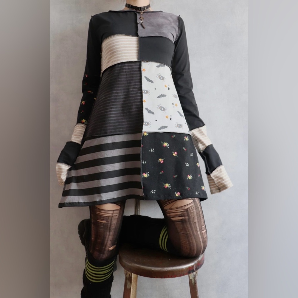 NWT SOLD OUT OBSEQUIES Patchwork Long Sleeve Dress - Black and White Stripes